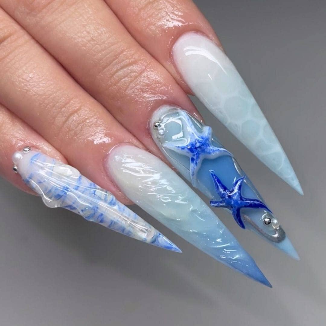 Gorgeous Blue Sea-themed Shell and  Starfish Nails for a Beach