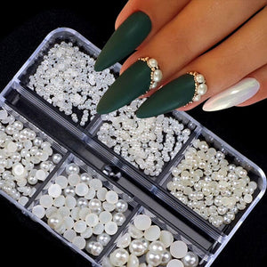 6 Grids 3D Nail Decoration White Half-Round Pearls Nail Art No Brand