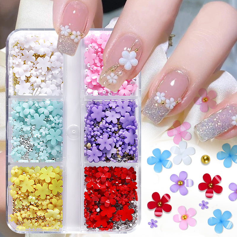 6 Grids Mixed Flowers Rhinestones Pearls #02
