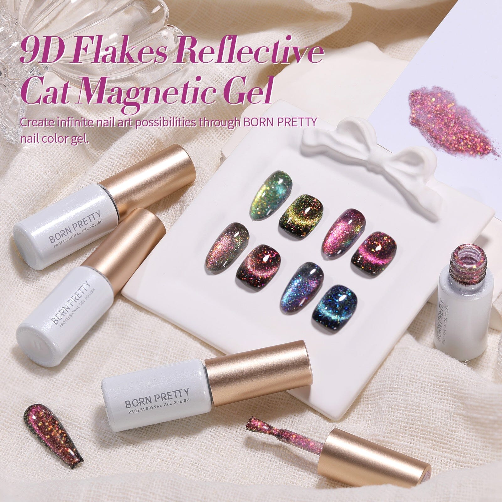 4 Colors 9D Flakies Reflective Cat Magnetic Gel 5ml Gel Nail Polish BORN PRETTY