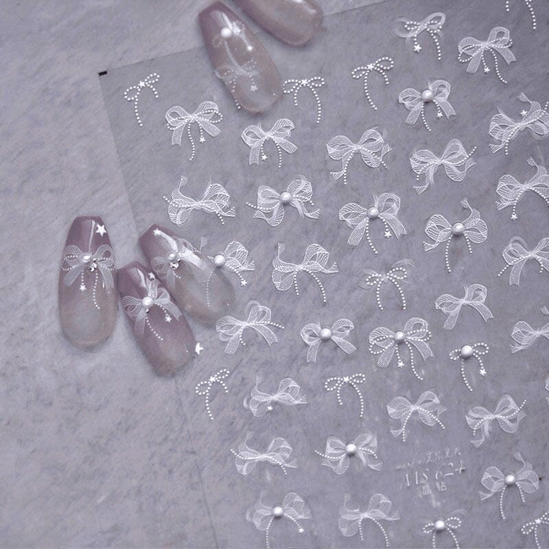 White Lace Bowknot 3D Self Adhesive Nail Stickers #02 Nail Art No Brand