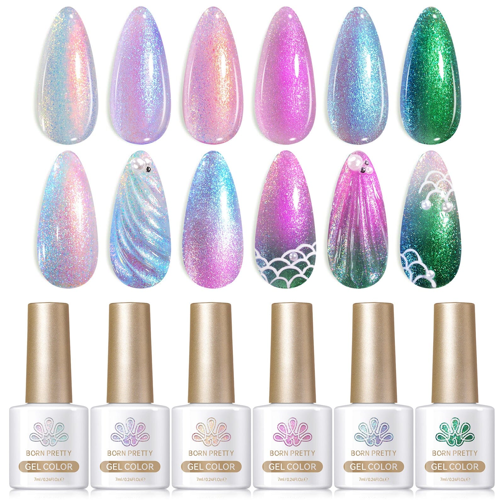 6 Colors Pink Shimmery Aurora Gel Polish Set T04 Conch Spirit 7ml Gel Nail Polish BORN PRETTY