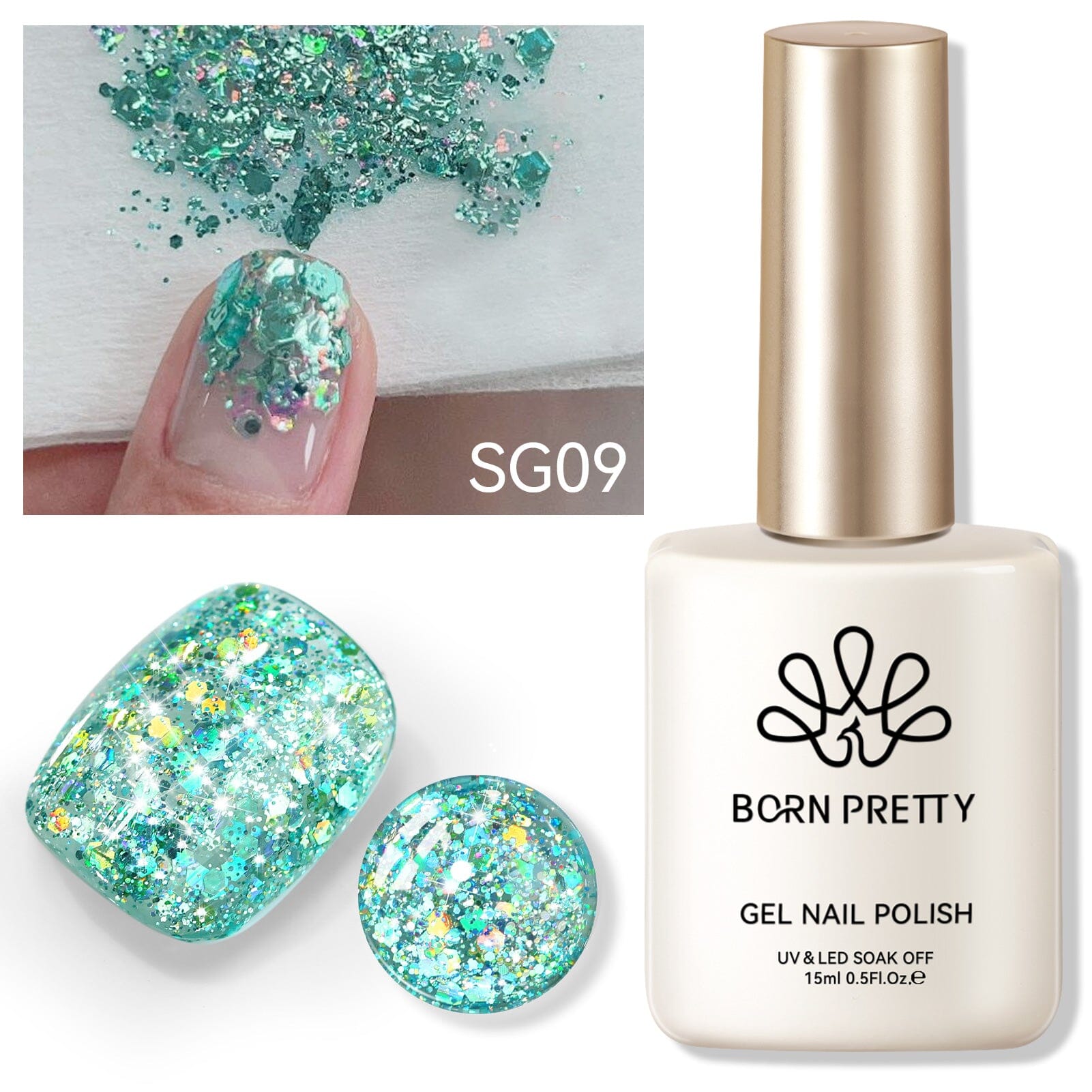 Green Colorful Sequins Glitter Gel Polish SG09 Spray Wave 15ml Gel Nail Polish BORN PRETTY