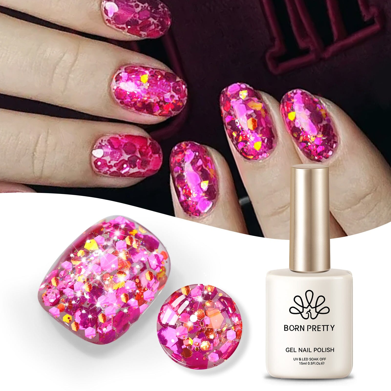 Pink Colorful Sequins Glitter Gel Polish SG10 Celebration 15ml Gel Nail Polish BORN PRETTY