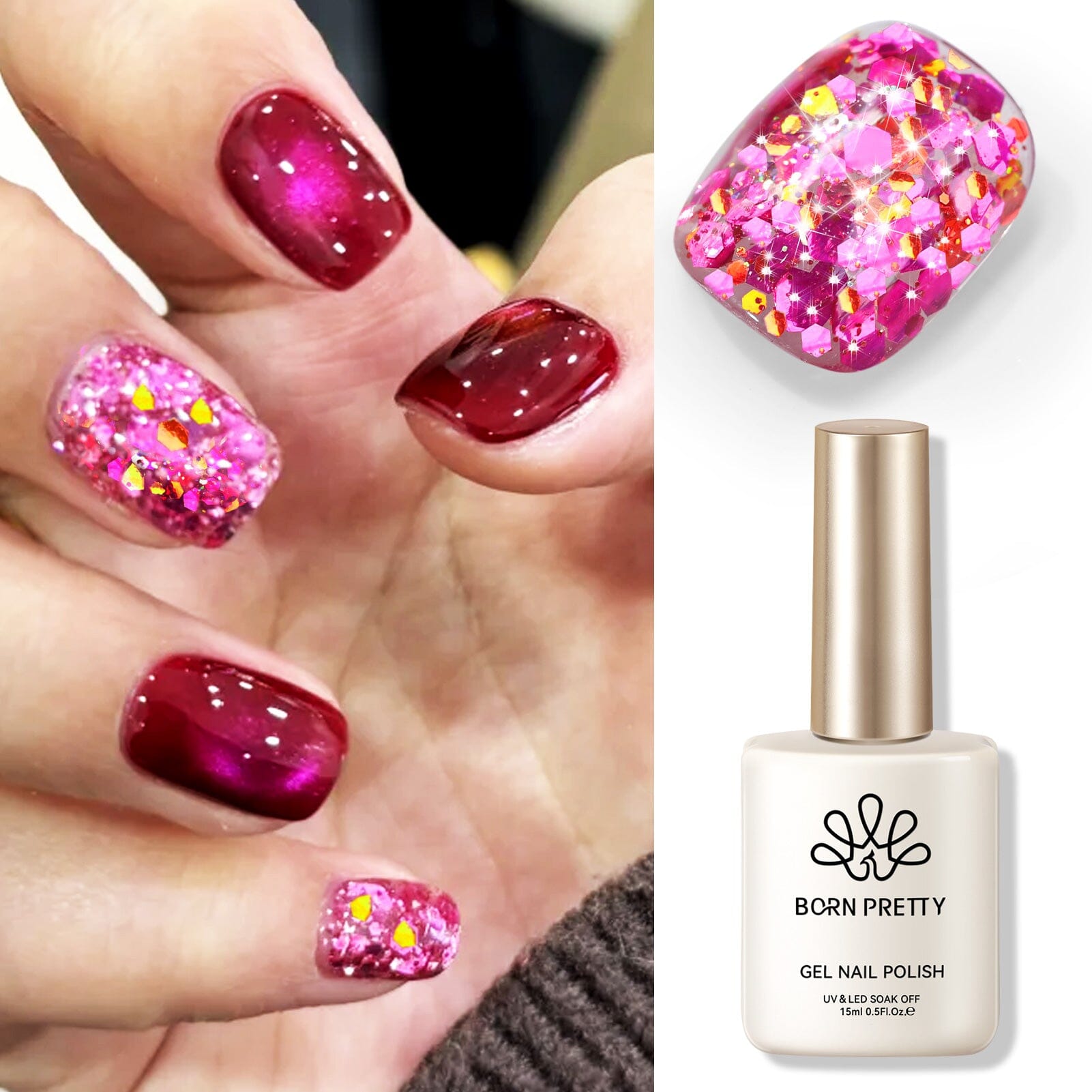 Pink Colorful Sequins Glitter Gel Polish SG10 Celebration 15ml Gel Nail Polish BORN PRETTY