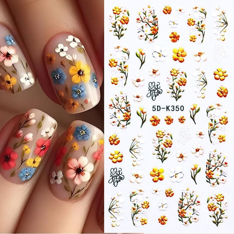 White Yellow Daisy Flowers 5D Nail Stickers 5D-K350 Nail Sticker No Brand