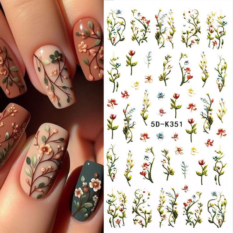 White Green Flowers Plants 5D Nail Stickers 5D-K351 Nail Sticker No Brand