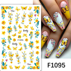 Yellow Butterfly Flowers 3D Nail Stickers F1095 Nail Sticker No Brand