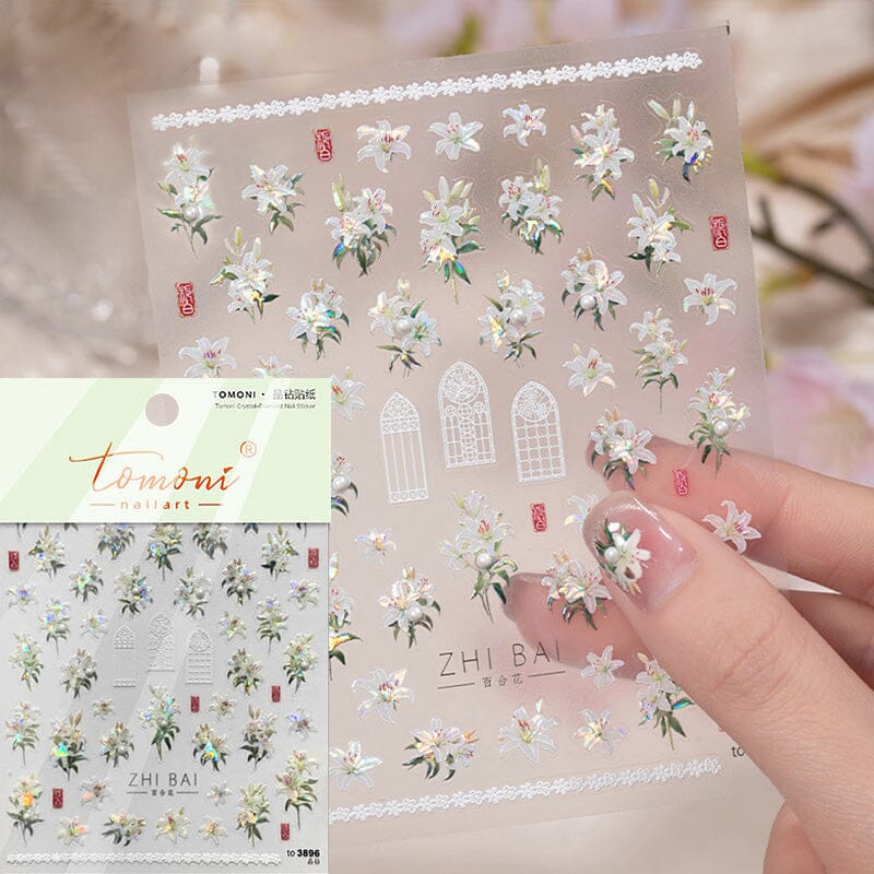 Spring Pink White Lily Flowers 5D Nail Sticker Nail Sticker No Brand 02