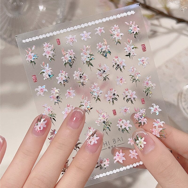 Spring Pink White Lily Flowers 5D Nail Sticker Nail Sticker No Brand