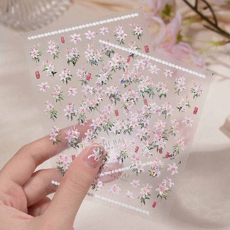 Spring Pink White Lily Flowers 5D Nail Sticker Nail Sticker No Brand