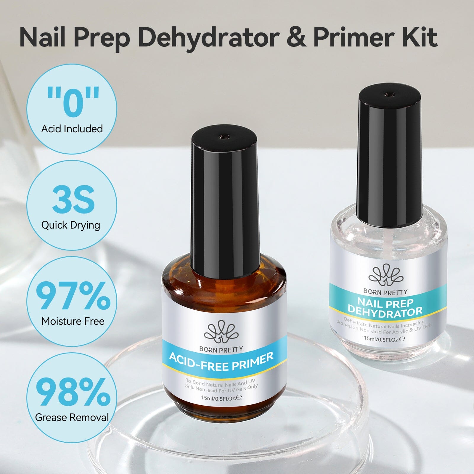 2 Bottles Set Nail Prep Dehydrator-Primer Kit 15ml Base & Top Coat BORN PRETTY