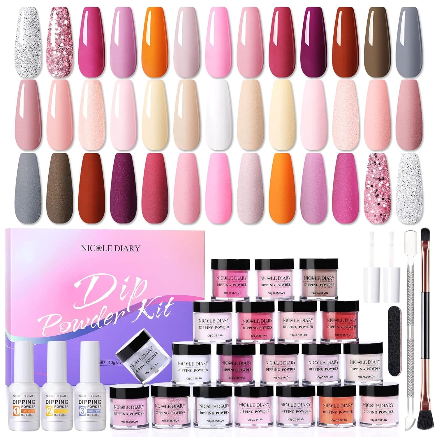 [US ONLY] 20 Colors Dipping Nail Powder Starter Kit with Base&Top, Activator, Brush Saver Nail Powder NICOLE DIARY 