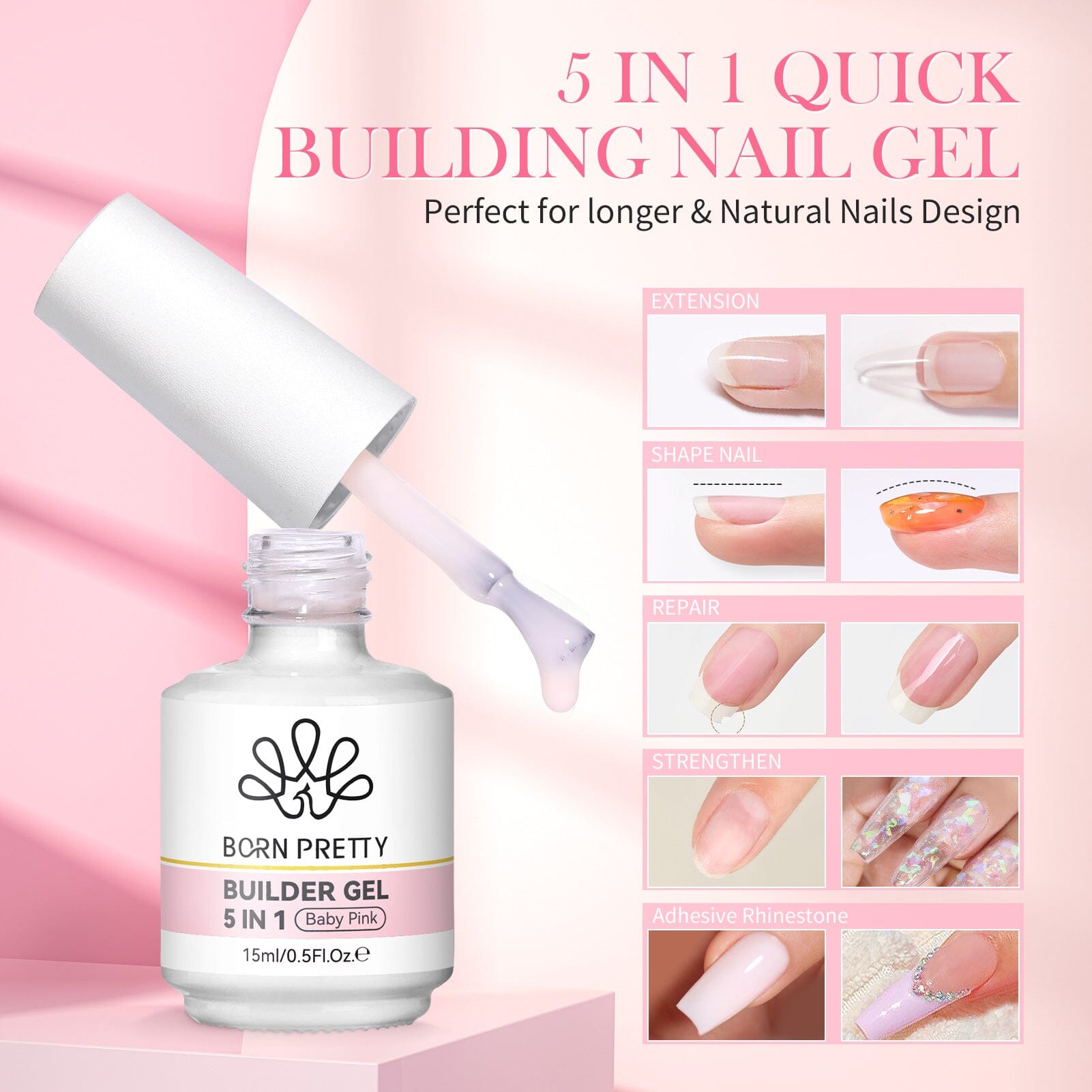5 in 1 Builder Gel Baby Pink 15ml Gel Nail Polish BORN PRETTY 