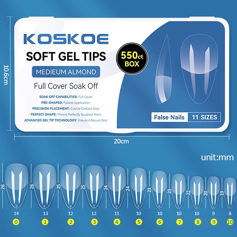 550pcs Full Cover Soft Gel Tips Nail Tips KOSKOE MEDIEUM ALMOND 