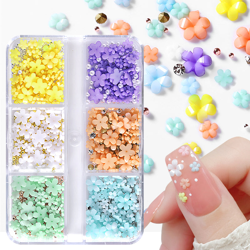 6 Grids Mixed Flowers Rhinestones Pearls #03