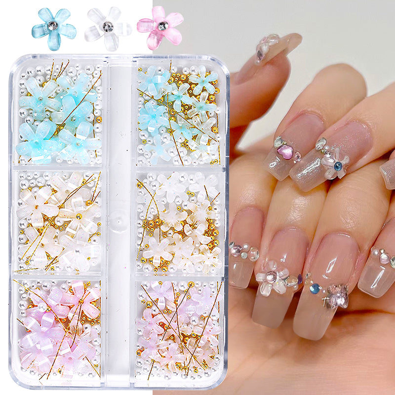 6 Grids Mixed Flowers Rhinestones Pearls #04