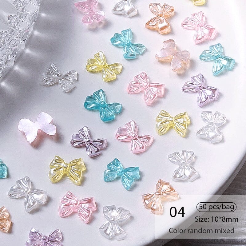 50Pcs Resin Pearl Flatbottom 3D Nail Decoration Heart Butterfly Bowknot Random Color Mixed Nail Decoration No Brand 04 
