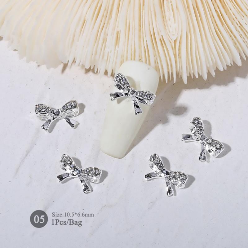 Silver Bowknot Rhinestones Metal Nail Decoration 05 Nail Decoration No Brand 