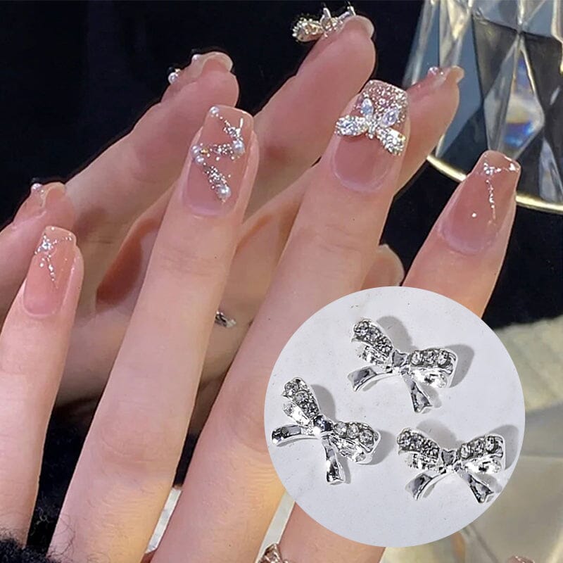 Silver Bowknot Rhinestones Metal Nail Decoration 05 Nail Decoration No Brand 