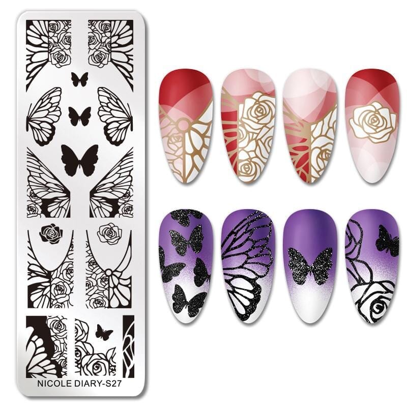 Butterfly Rose Nail Stamping Plate NICOLE DIARY-S27 Nail Stamping NICOLE DIARY 
