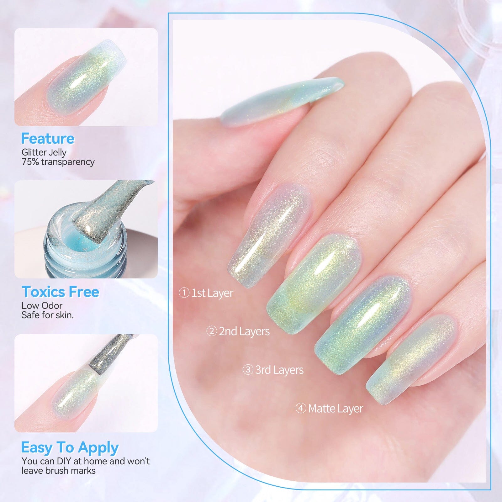 Light Blue Hema-Free Glitter Jelly Gel Polish #02 15ml Gel Nail Polish BORN PRETTY 