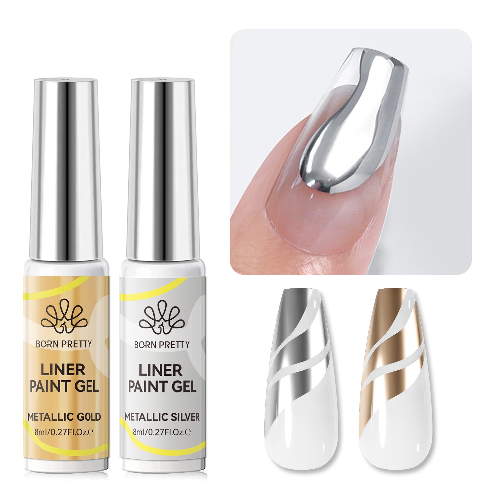2 Bottles Mirror Effect Metal Silver & Gold Liner Gel 8ml Gel Nail Polish BORN PRETTY 