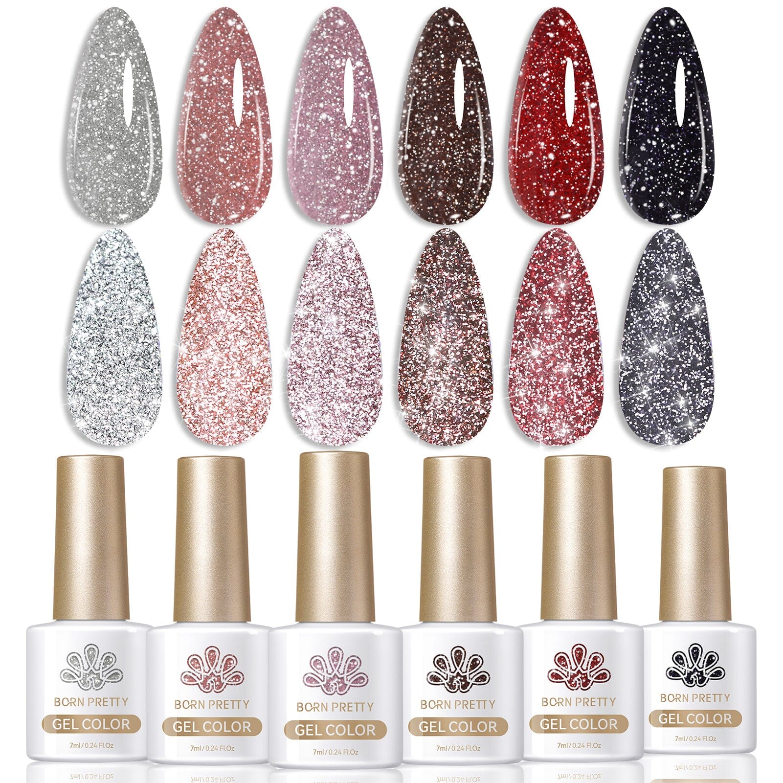 6 Colors Red Black Reflective Glitter Gel Polish Set 7ml Gel Nail Polish BORN PRETTY 