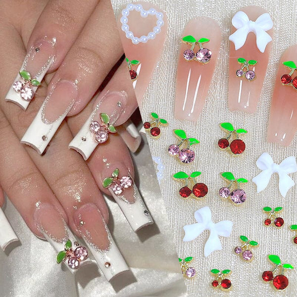 24pcs 3D Heart Bowknot Cherry Nail Decorations Mixed Rhinestones Charms Nail Decoration No Brand 