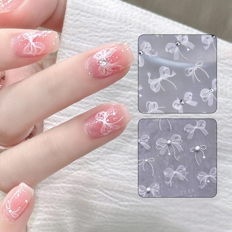White Lace Bowknot 3D Self Adhesive Nail Stickers #02 Nail Art No Brand 