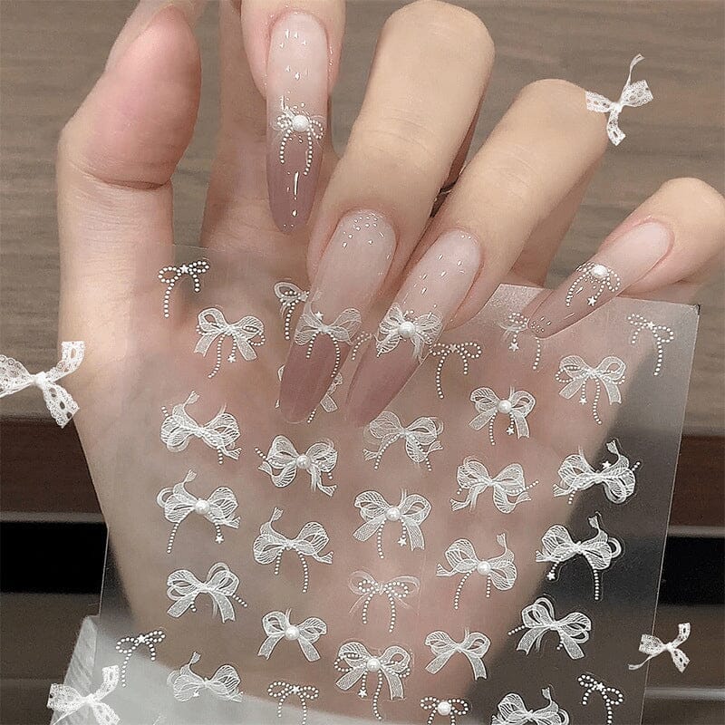 White Lace Bowknot 3D Self Adhesive Nail Stickers #01 Nail Art No Brand 