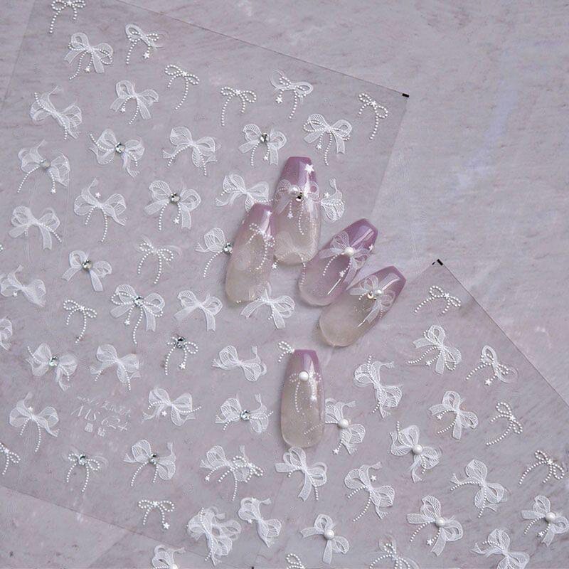 White Lace Bowknot 3D Self Adhesive Nail Stickers #01 Nail Art No Brand 