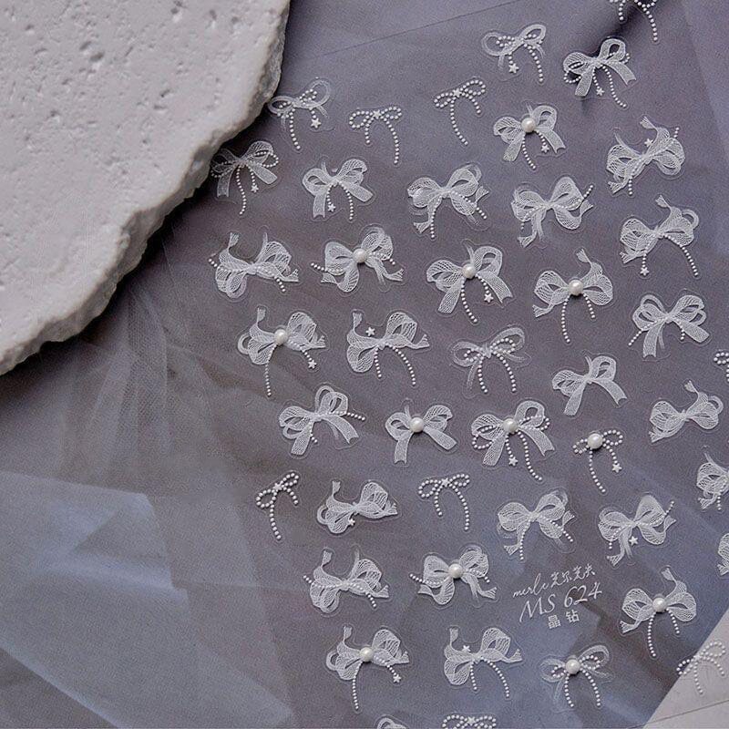 White Lace Bowknot 3D Self Adhesive Nail Stickers #01 Nail Art No Brand 