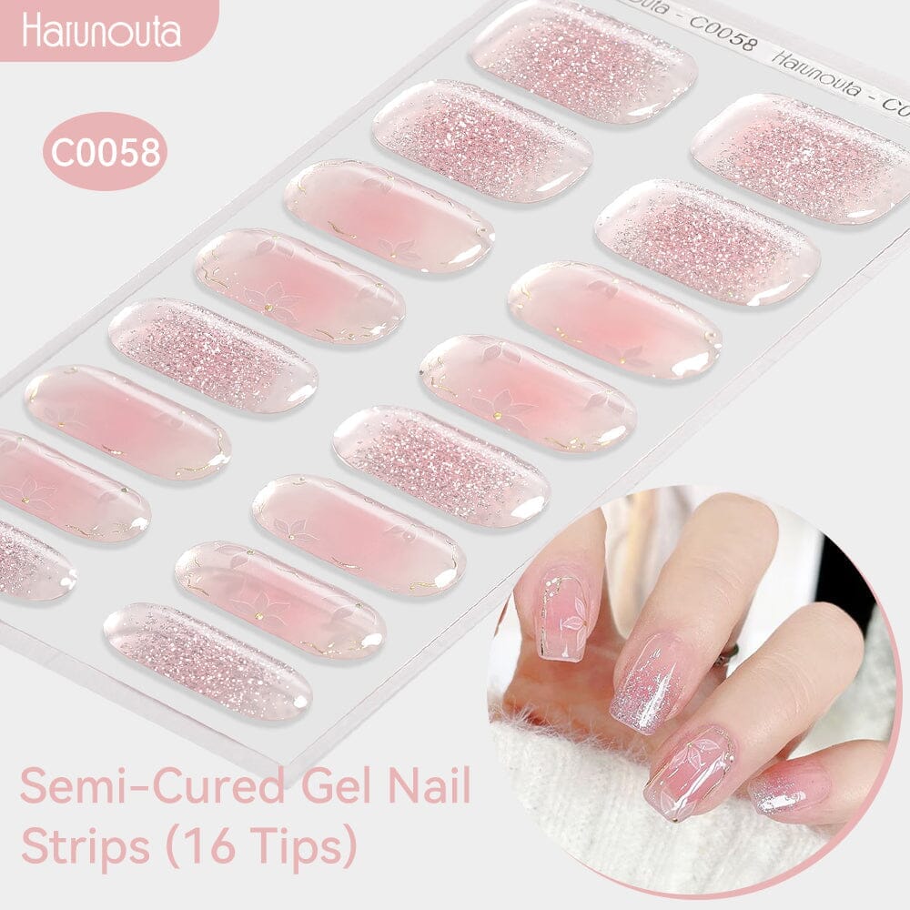 16 Tips Pink Flower Glitter Semi-cured Gel Nail Wraps C0058 Nail Sticker Harunouta 