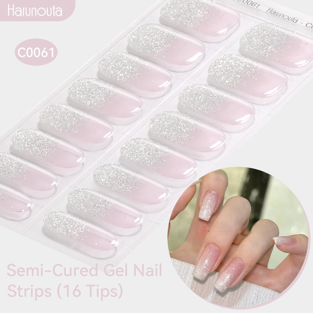 16 Tips Pink Silver Glitter Semi-cured Gel Nail Wraps C0061 Nail Sticker Harunouta 