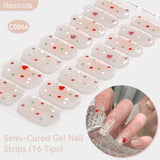 16 Tips Red Heart Dots Glitter Semi-cured Gel Nail Wraps C0064 Nail Sticker Harunouta 