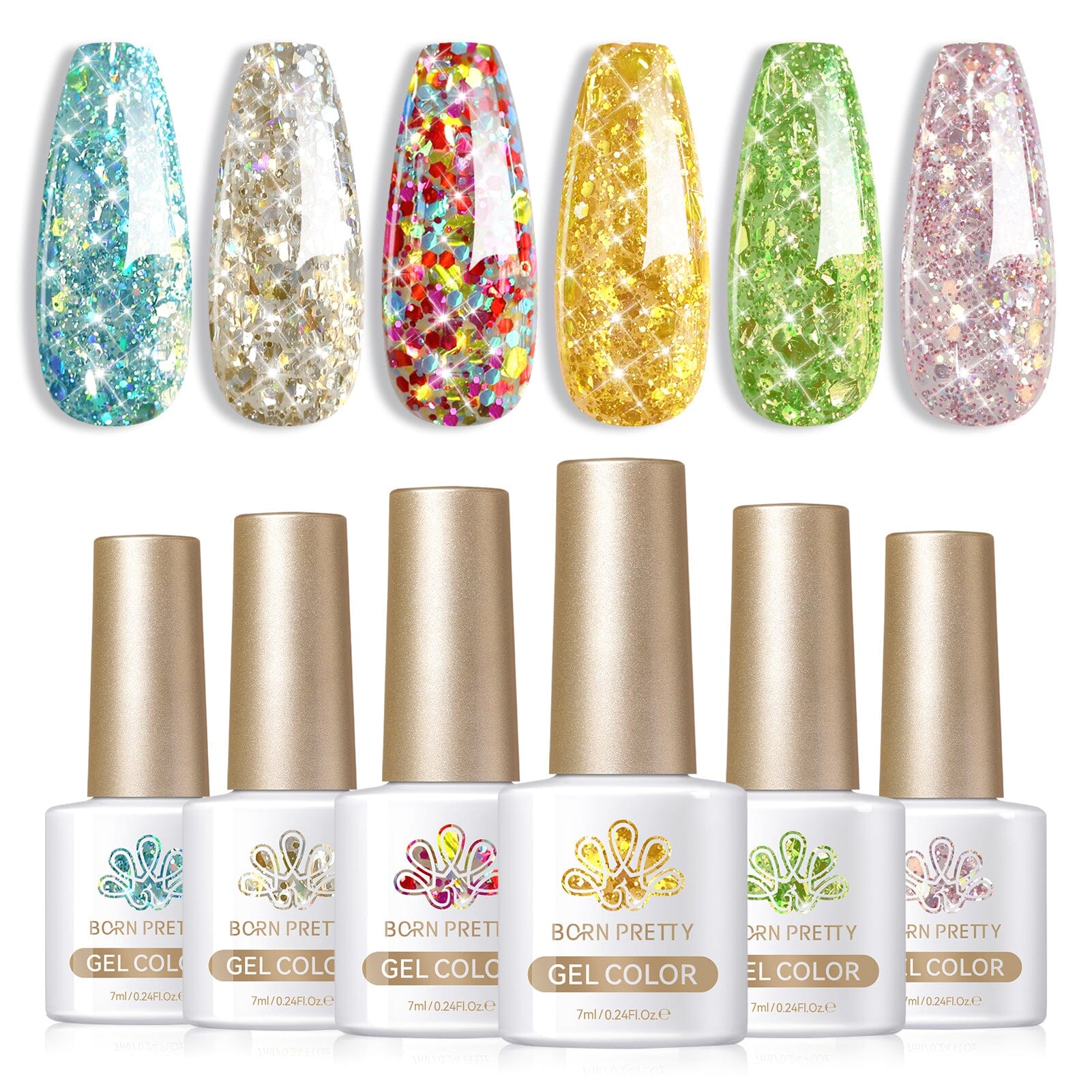 6 Colors Glitter Sequins Gel Polish S11 Summer 7ml Gel Nail Polish BORN PRETTY 