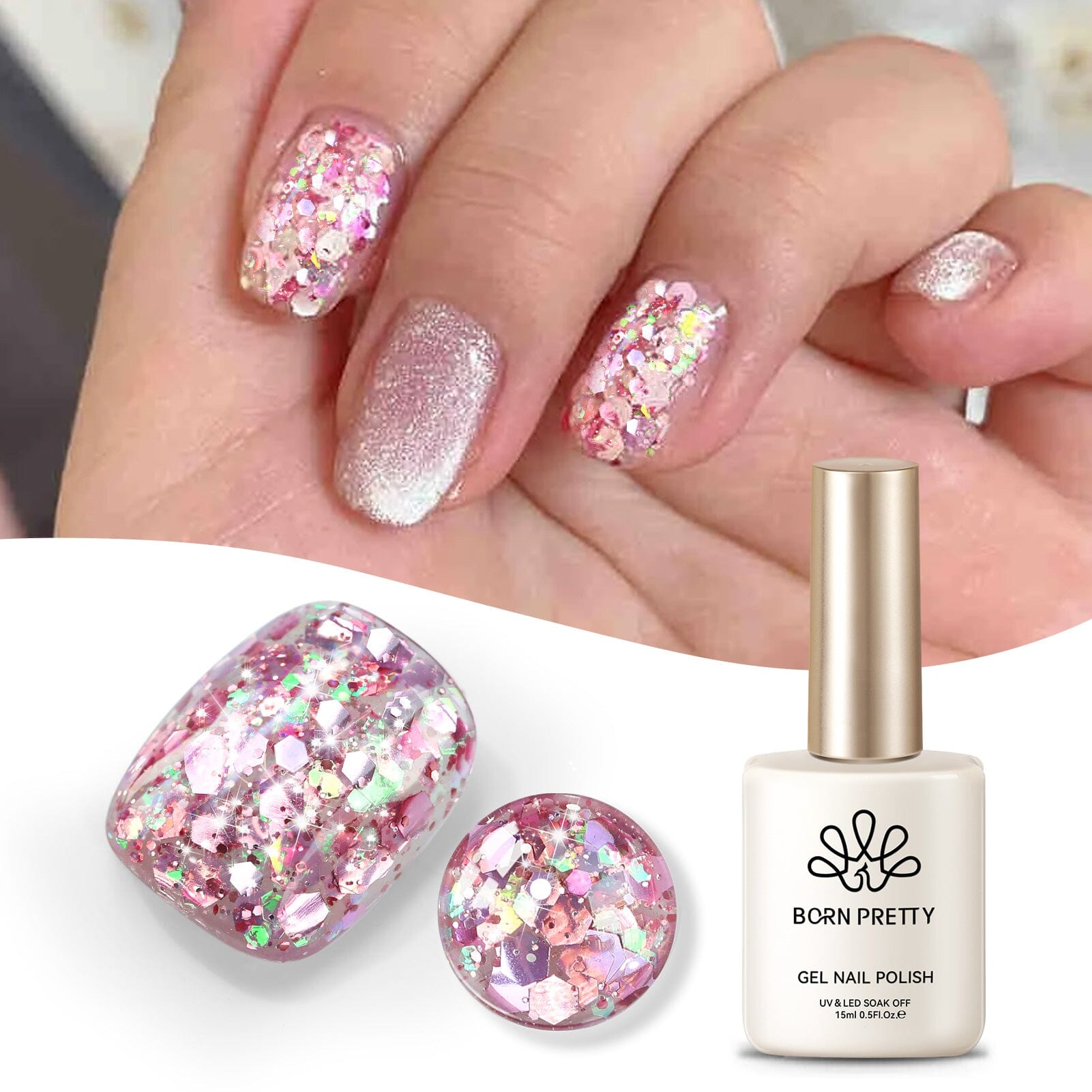 Rosegold Colorful Sequins Glitter Gel Polish SG08 Fantasy Dream 15ml Gel Nail Polish BORN PRETTY 