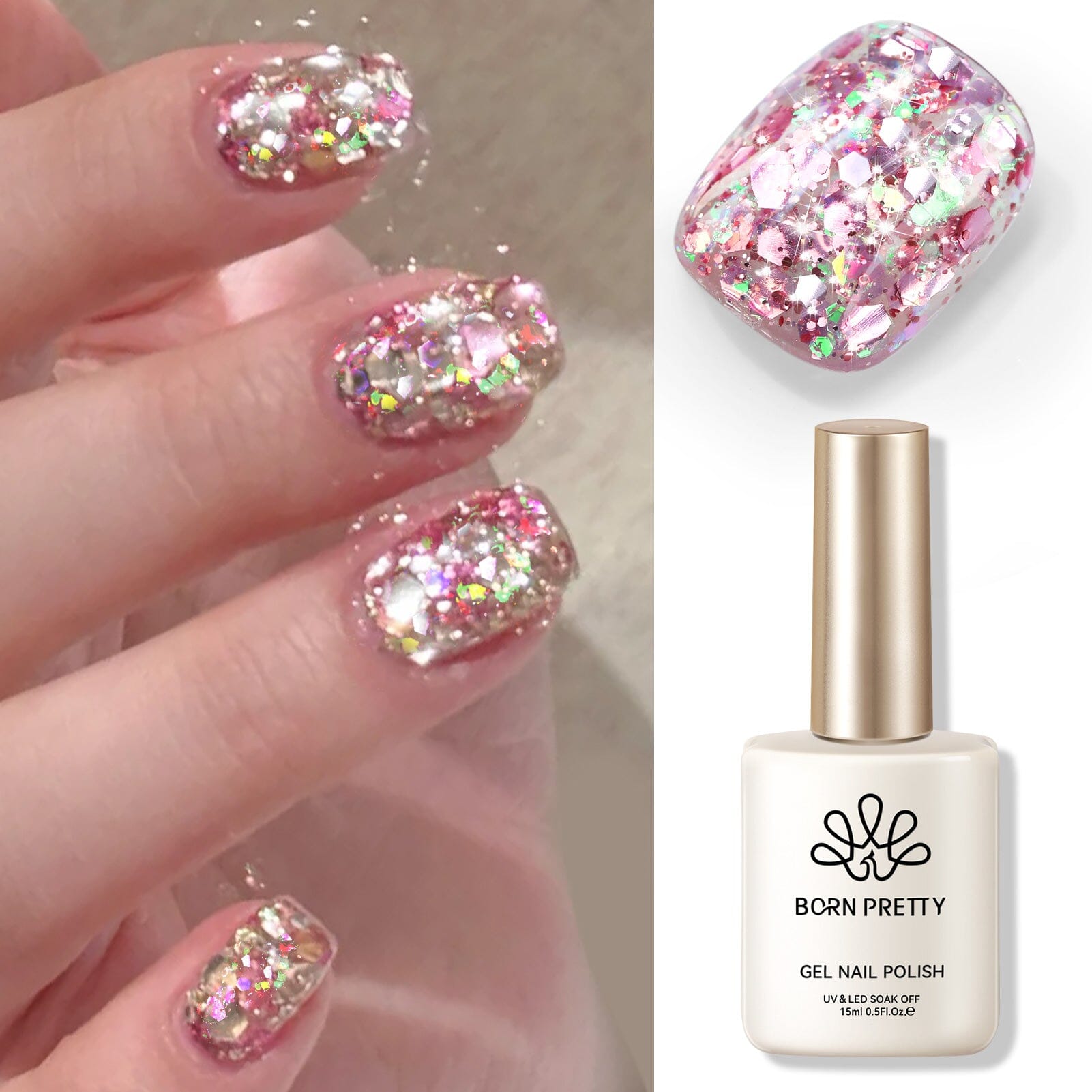Rosegold Colorful Sequins Glitter Gel Polish SG08 Fantasy Dream 15ml Gel Nail Polish BORN PRETTY 
