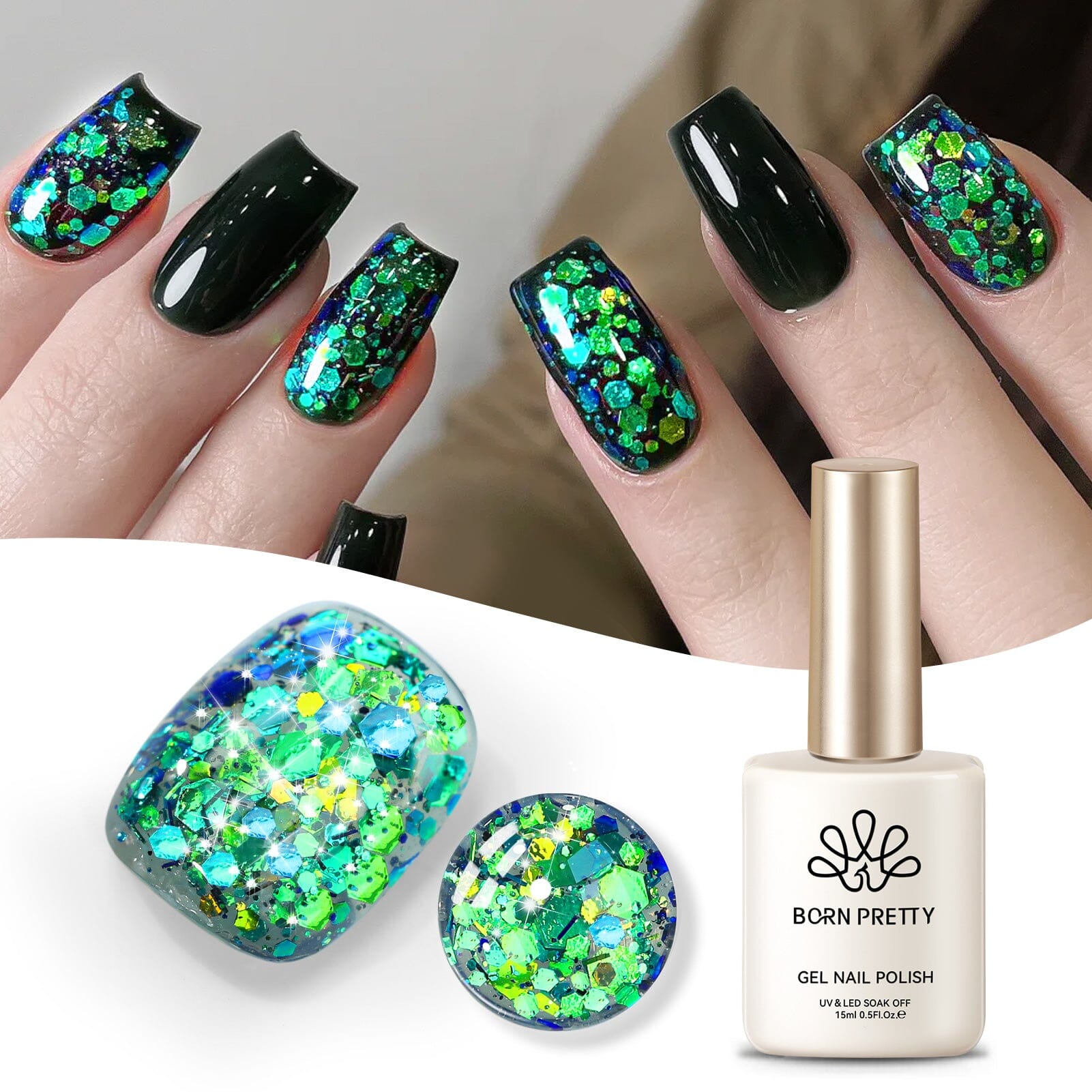 Green Colorful Sequins Glitter Gel Polish SG11 Peacock 15ml Gel Nail Polish BORN PRETTY 