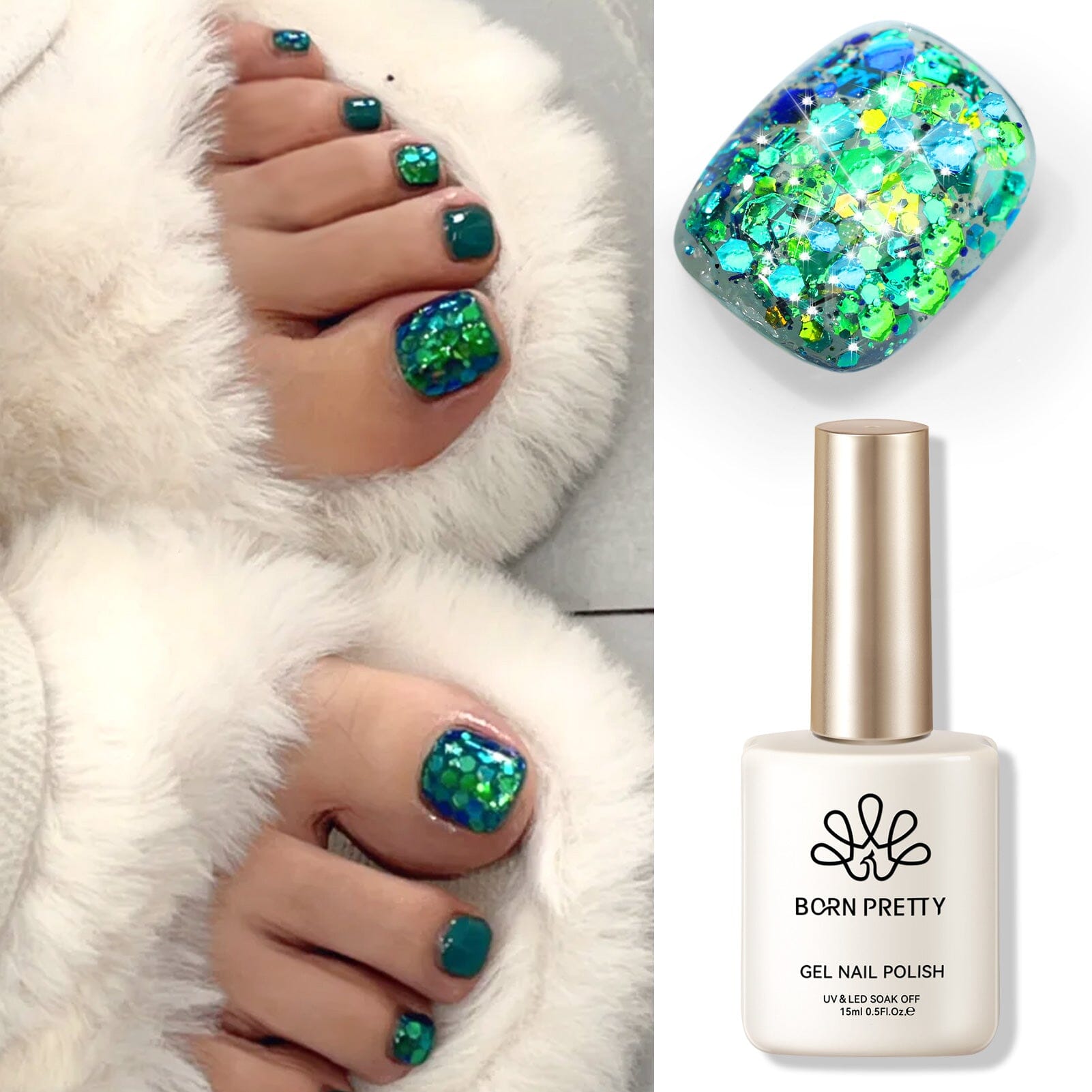 Green Colorful Sequins Glitter Gel Polish SG11 Peacock 15ml Gel Nail Polish BORN PRETTY 