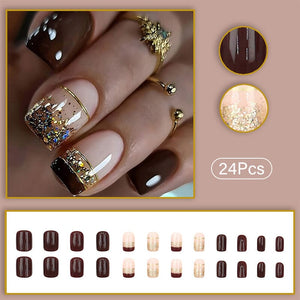 24pcs Brown Glitter Press on Nails 12 Sizes French False Nail Tips Tools & Accessories No Brand 