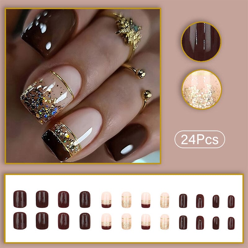 24pcs Brown Glitter Press on Nails 12 Sizes French False Nail Tips Tools & Accessories No Brand 