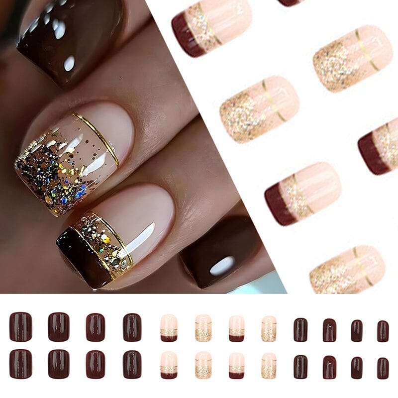 24pcs Brown Glitter Press on Nails 12 Sizes French False Nail Tips Tools & Accessories No Brand 