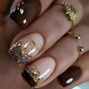 24pcs Brown Glitter Press on Nails 12 Sizes French False Nail Tips Tools & Accessories No Brand 