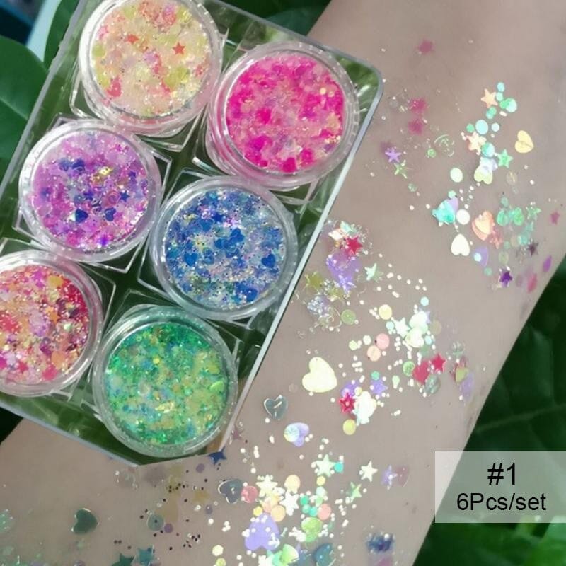 6pcs Heart Star #01 Glitter Sequins Set Nail Art No Brand 
