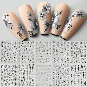 10pcs Black White Ink Glitter Flowers Nail Stickers Nail Sticker No Brand 