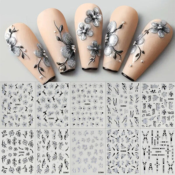 10pcs Black White Ink Glitter Flowers Nail Stickers Nail Sticker No Brand 