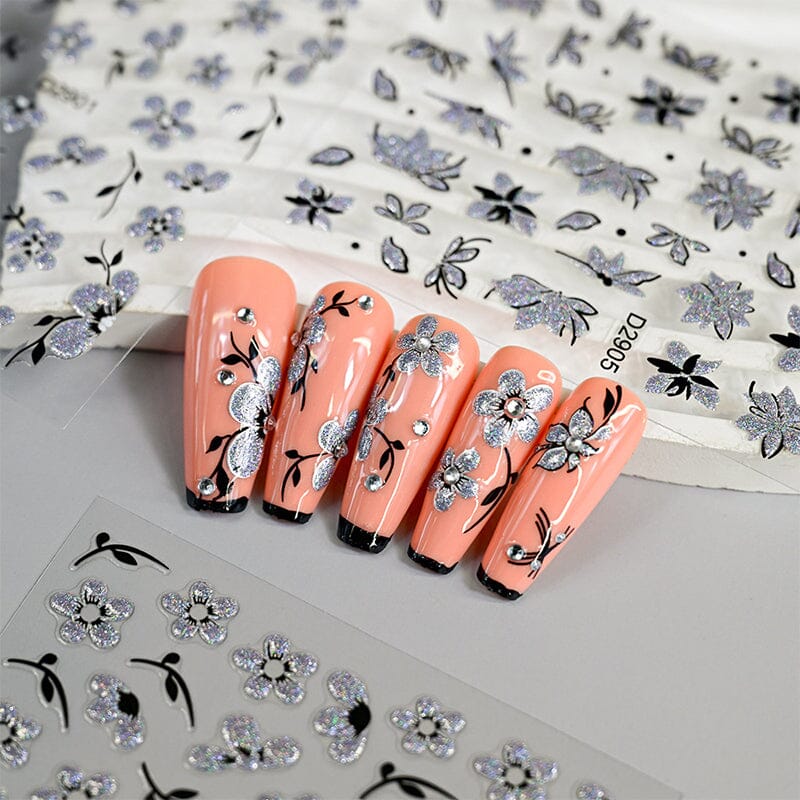 10pcs Black White Ink Glitter Flowers Nail Stickers Nail Sticker No Brand 
