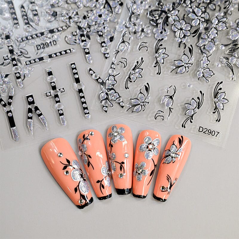10pcs Black White Ink Glitter Flowers Nail Stickers Nail Sticker No Brand 